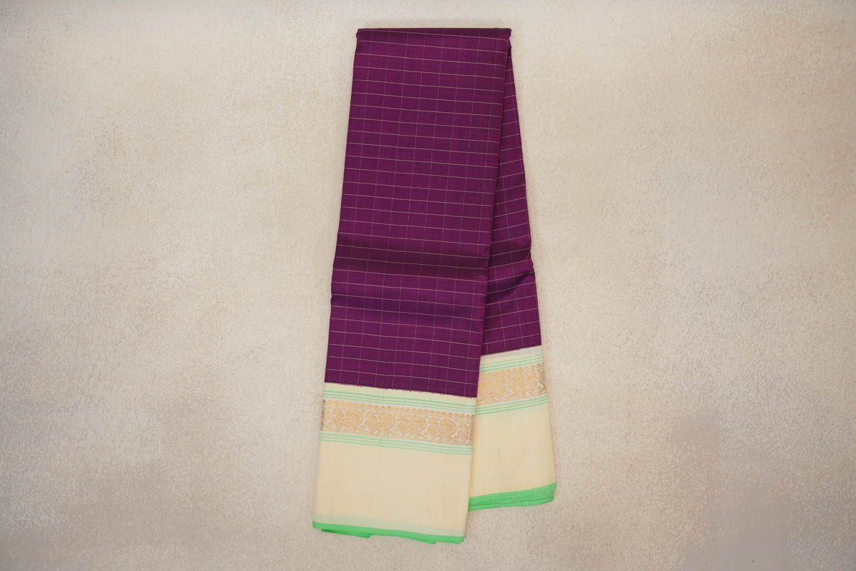 Online Deep Magenta Purple with Cream with Light Parrot Green Selvedge Borders Vintage Kanjivaram Silk Saree