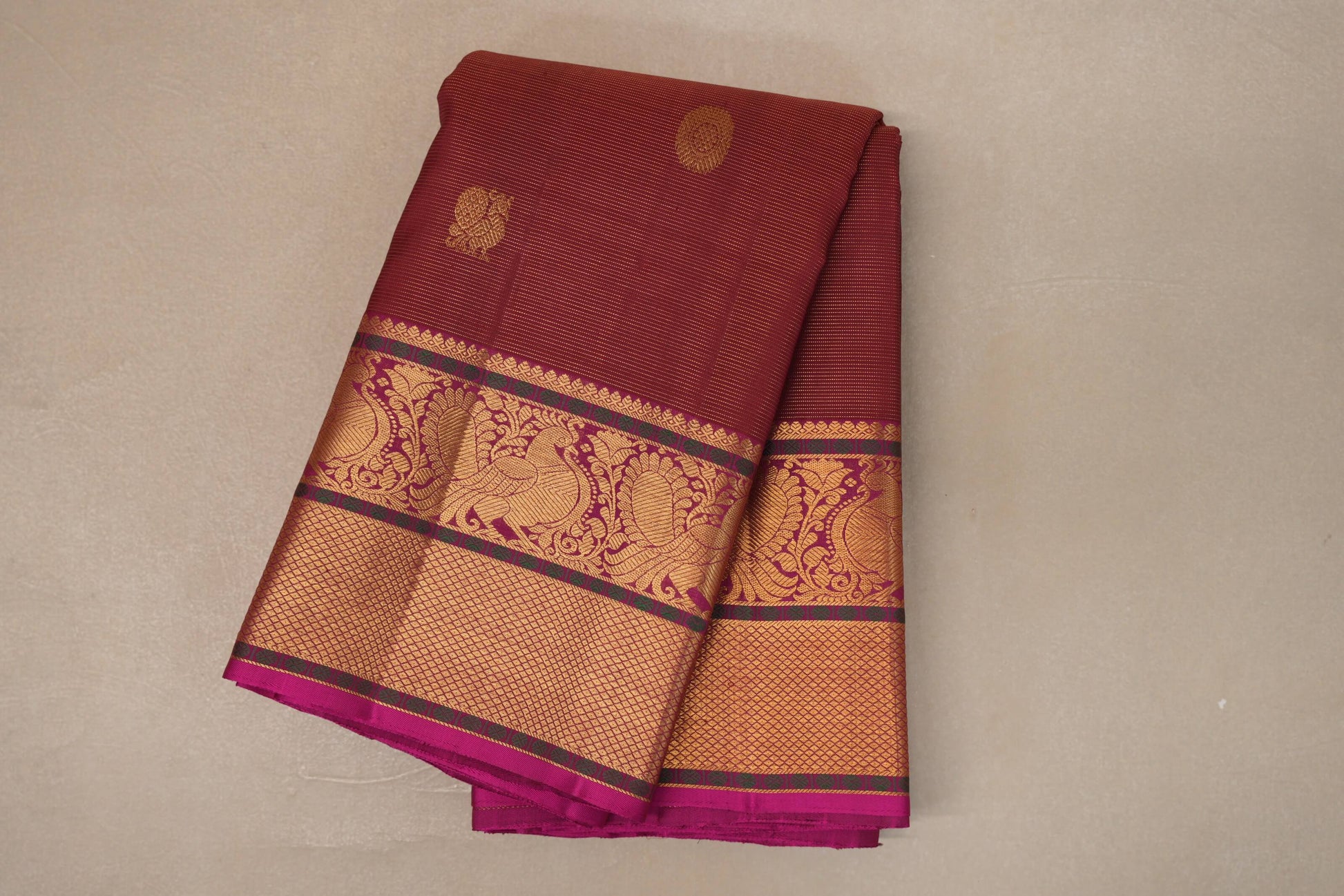 Deep Maroon with Bright Pink Borders Vintage Kanjivaram Silk Saree