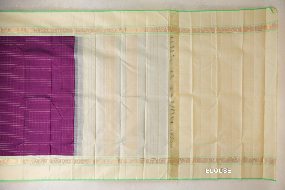Deep Magenta Purple with Cream with Light Parrot Green Selvedge Borders Vintage Kanjivaram Silk Saree blouse