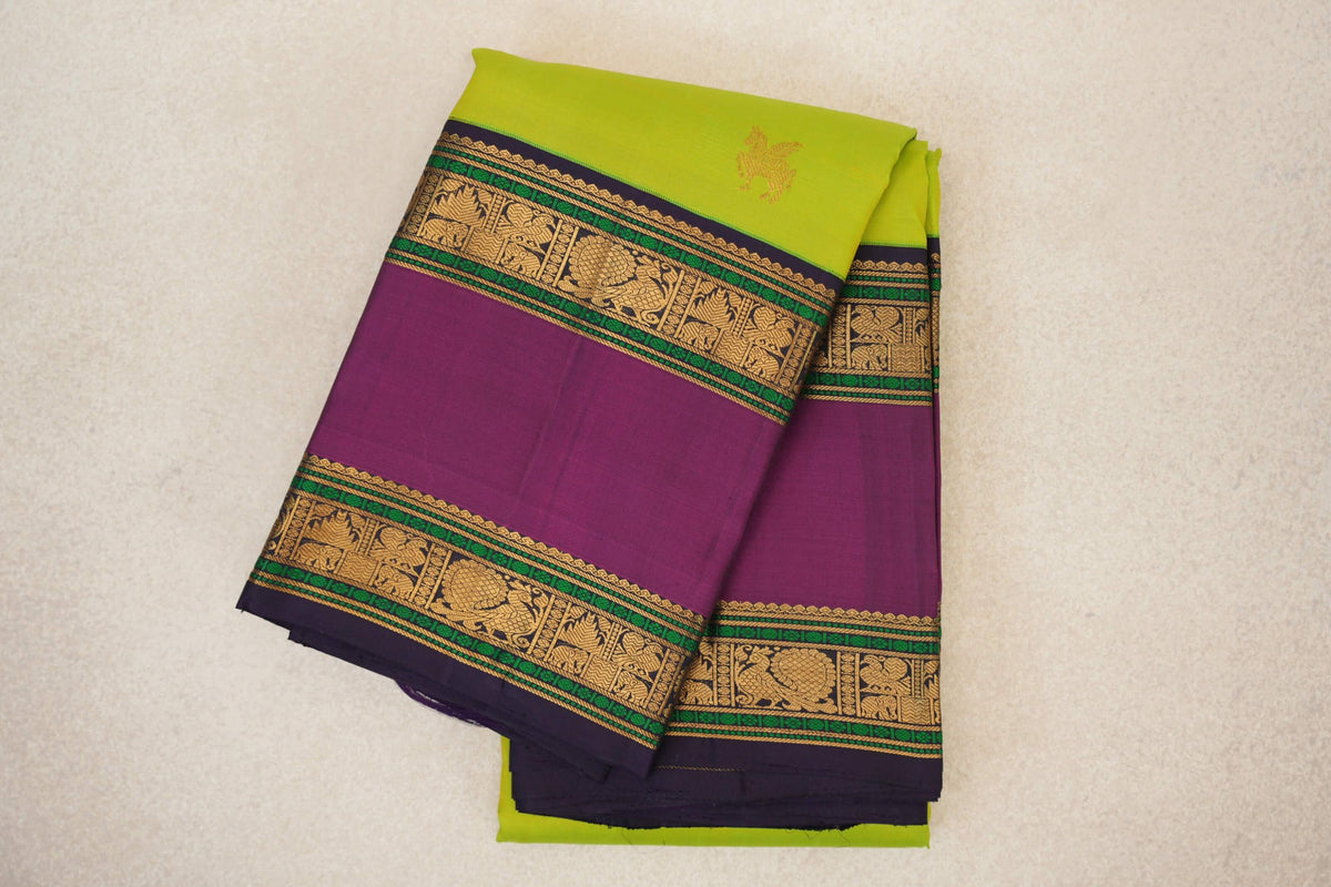 Parrot Green with Deep Purple with Deep Magenta Borders Vintage Kanjivaram Silk Saree