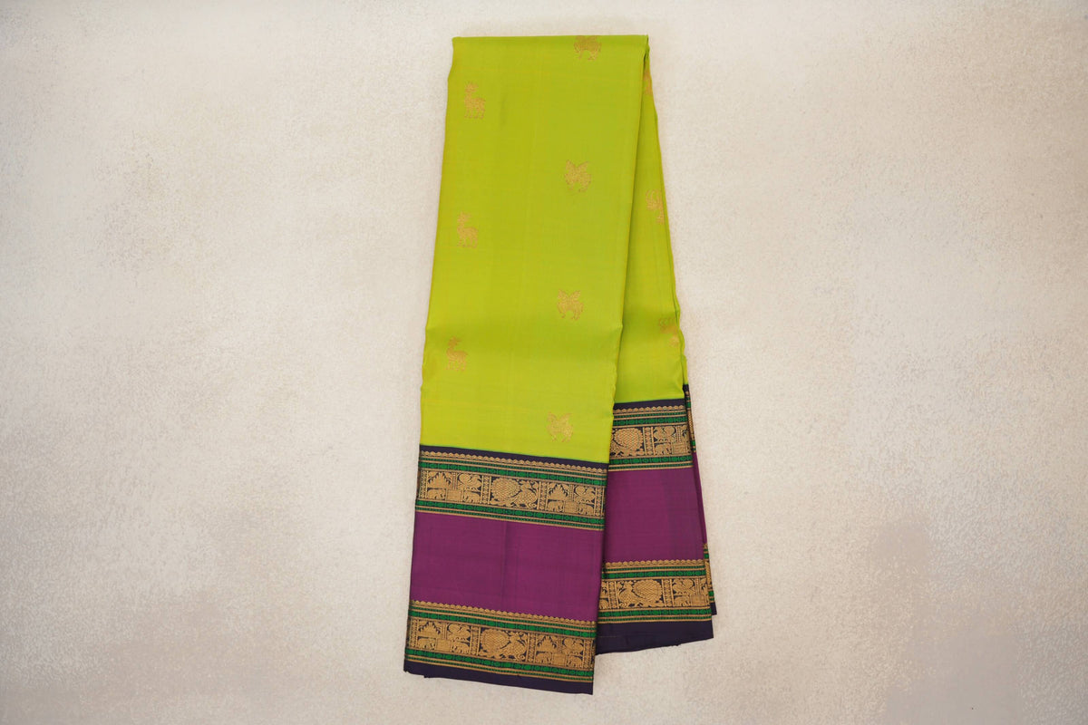 Online Parrot Green with Deep Purple with Deep Magenta Borders Vintage Kanjivaram Silk Saree