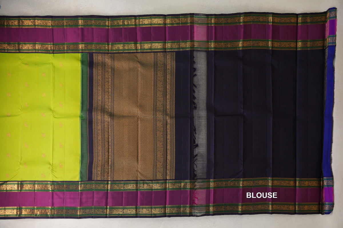 Parrot Green with Deep Purple with Deep Magenta Borders Vintage Kanjivaram Silk Saree blouse