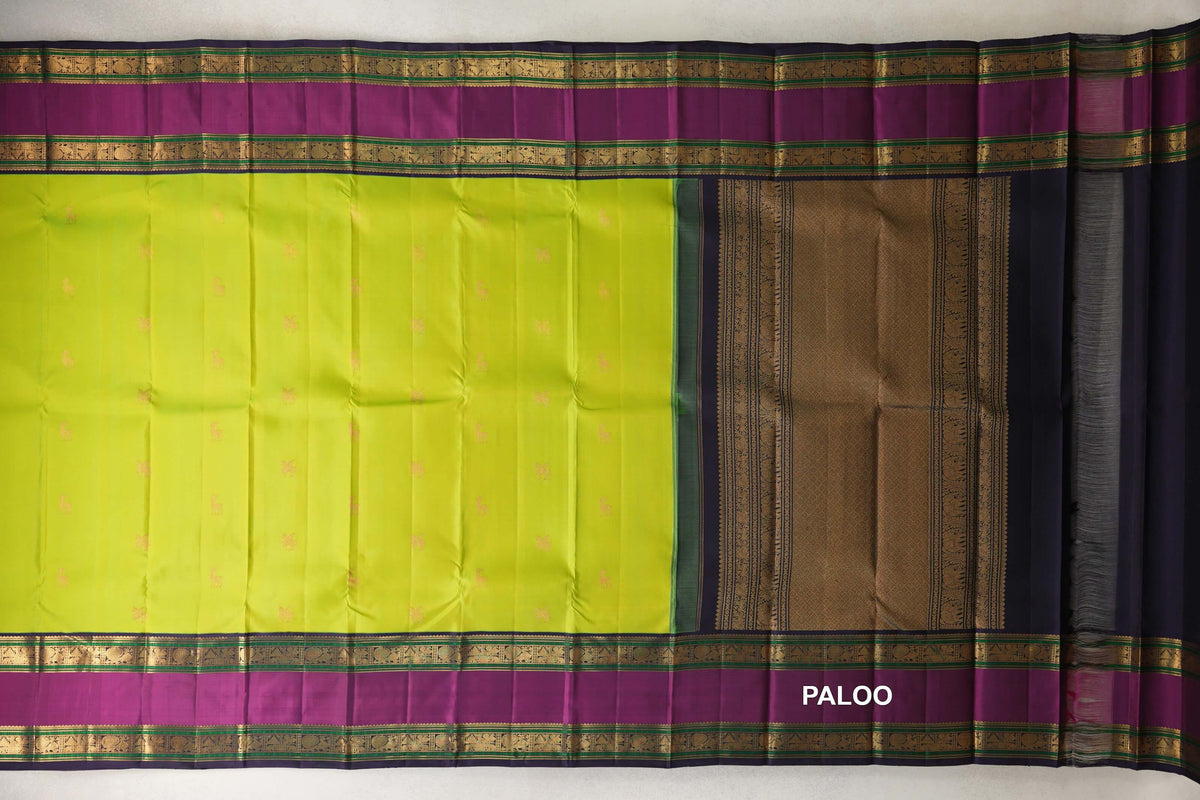 Parrot Green with Deep Purple with Deep Magenta Borders Vintage Kanjivaram Silk Saree paloo