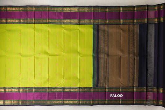 Parrot Green with Deep Purple with Deep Magenta Borders Vintage Kanjivaram Silk Saree paloo