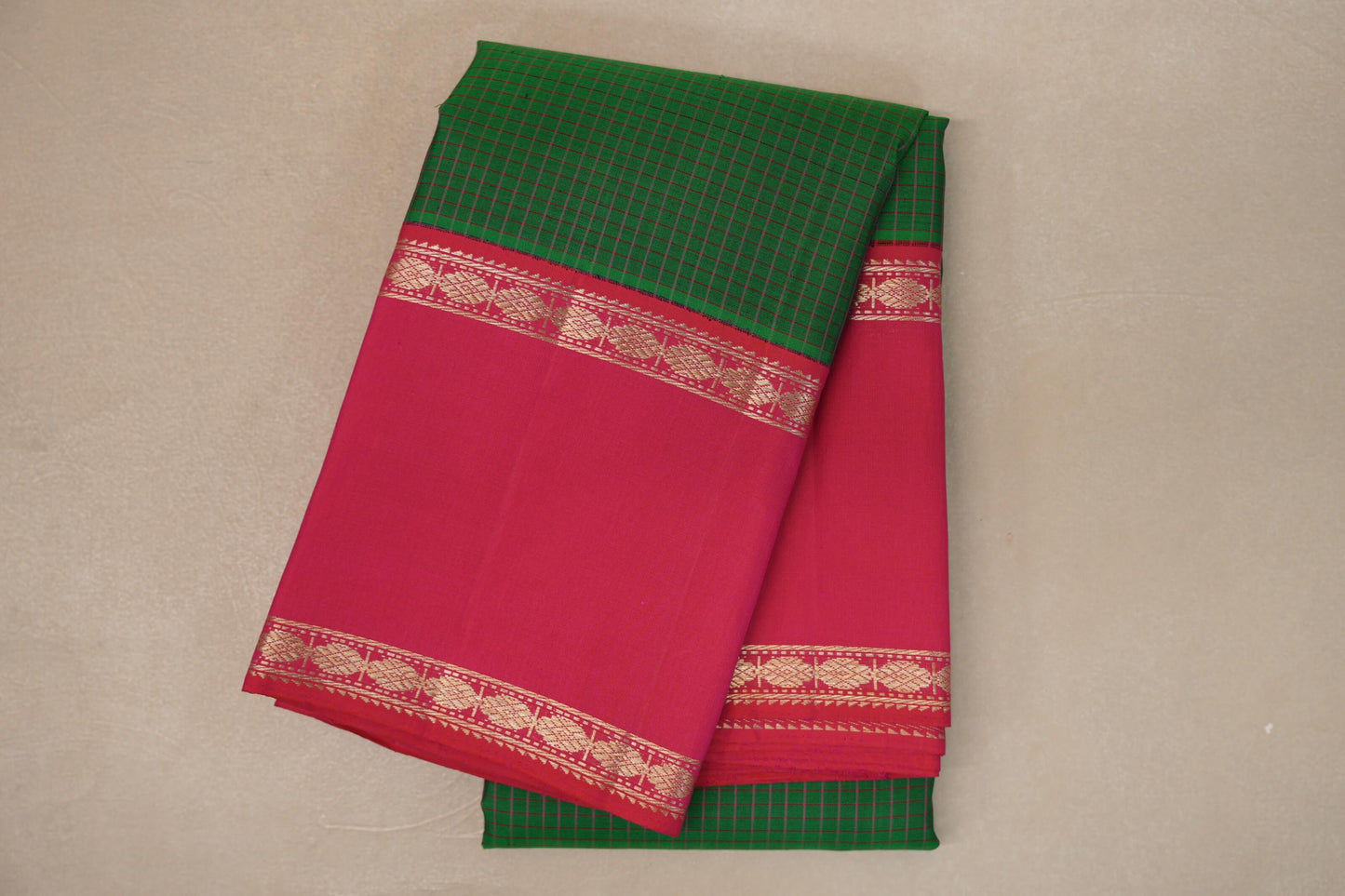 Dark Green with Orangish Pink Rettai Pettu Borders Vintage Kanjivaram Silk Saree