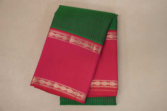 Dark Green with Orangish Pink Rettai Pettu Borders Vintage Kanjivaram Silk Saree