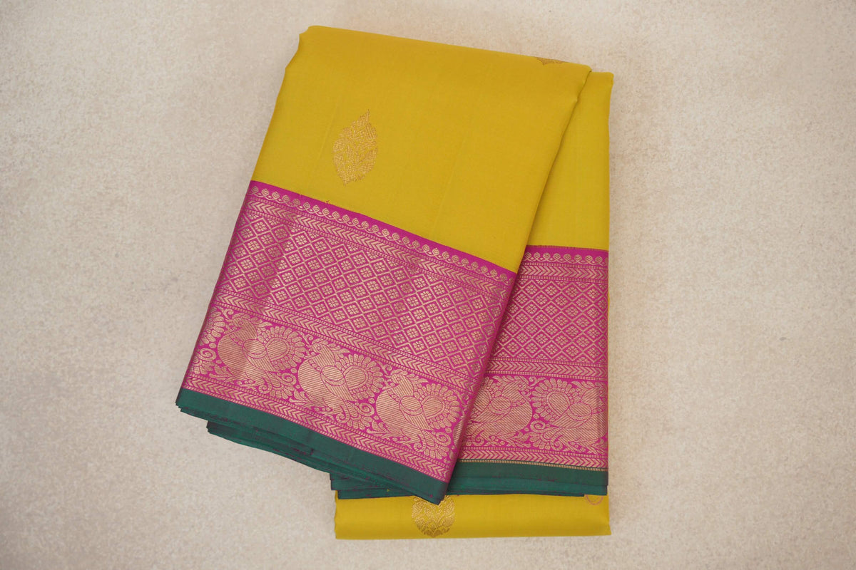 Lemon yellow with Bright Magenta Borders Vintage Kanjivaram Silk Saree