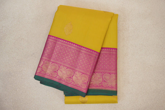 Lemon yellow with Bright Magenta Borders Vintage Kanjivaram Silk Saree