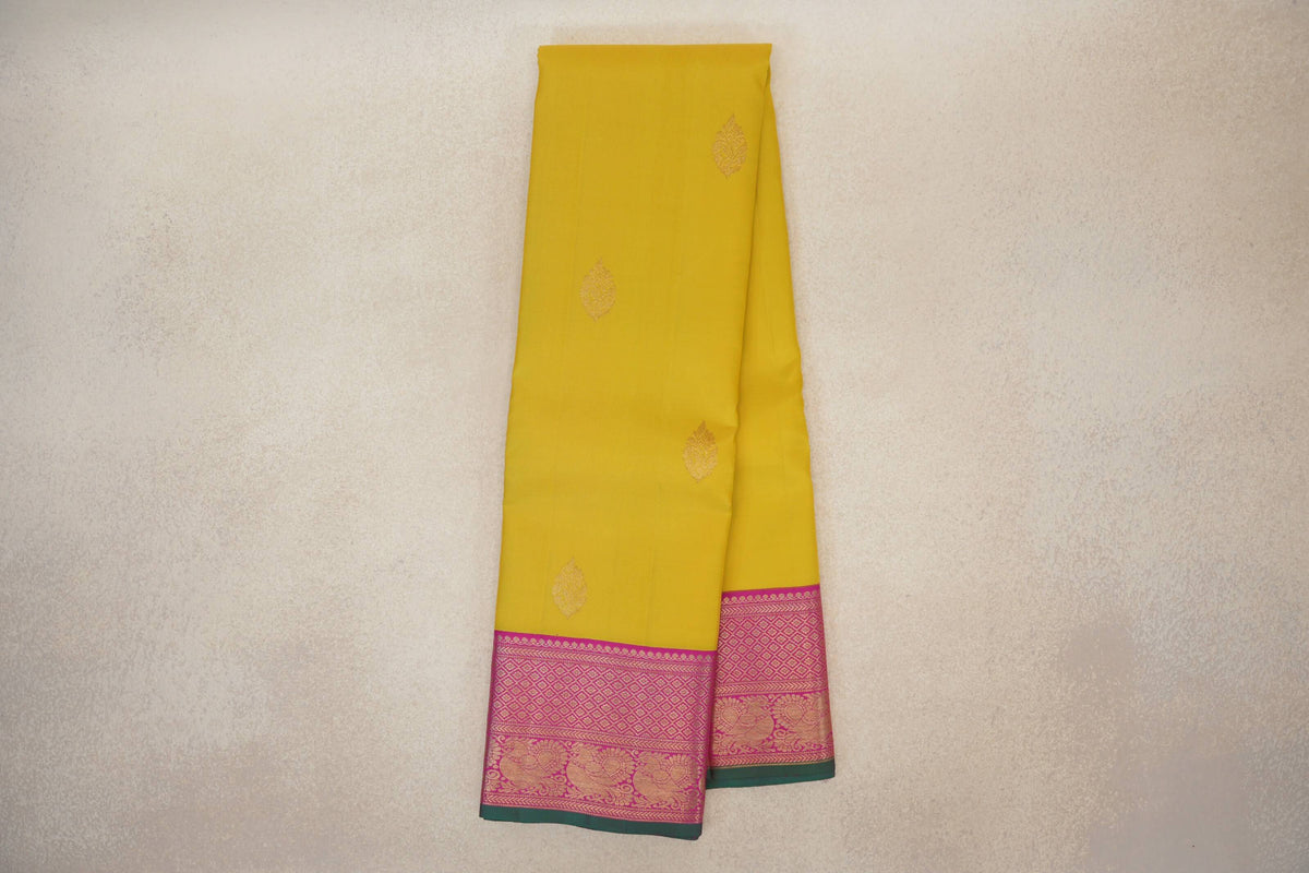 Online Lemon yellow with Bright Magenta Borders Vintage Kanjivaram Silk Saree