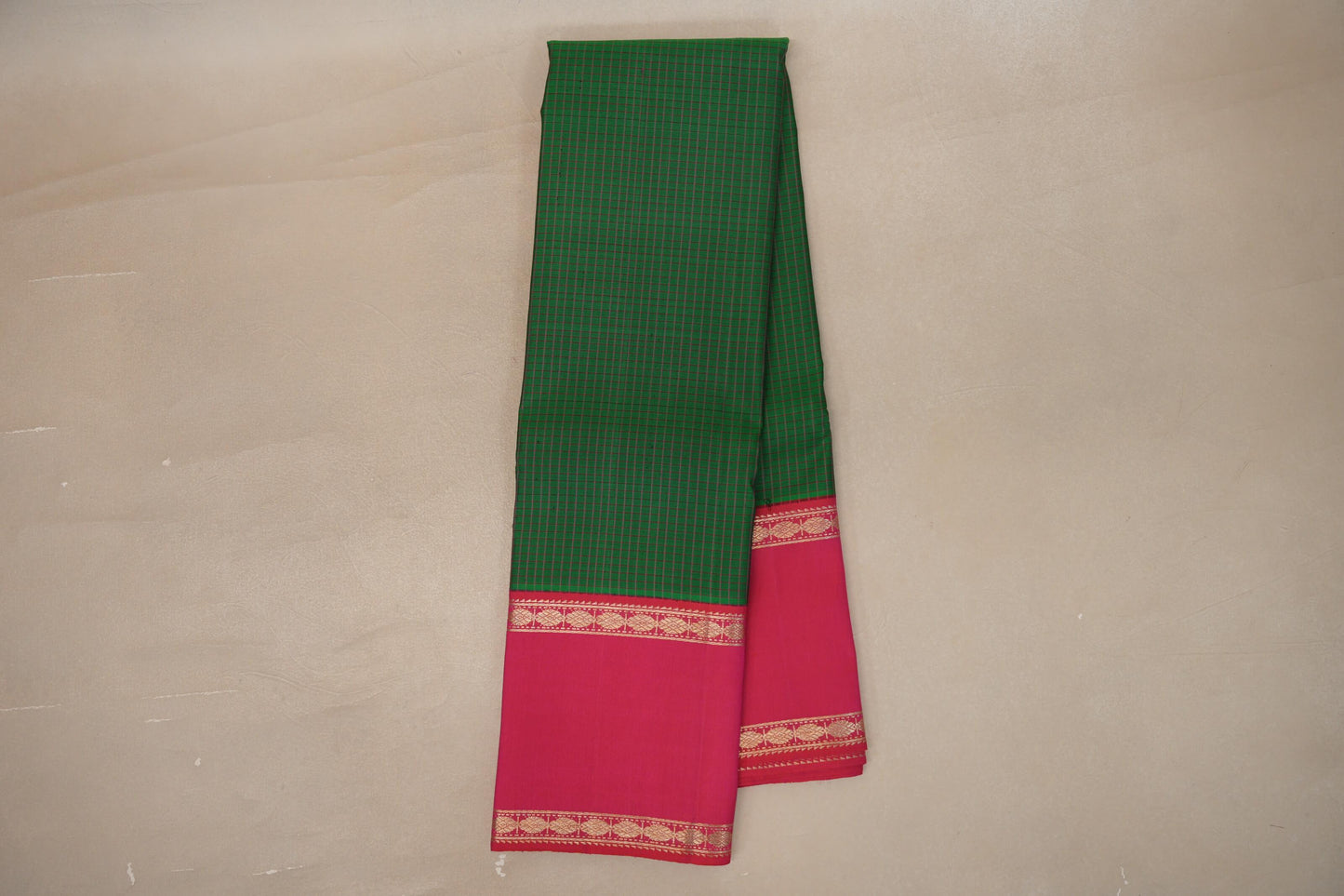 Online Dark Green with Orangish Pink Rettai Pettu Borders Vintage Kanjivaram Silk Saree