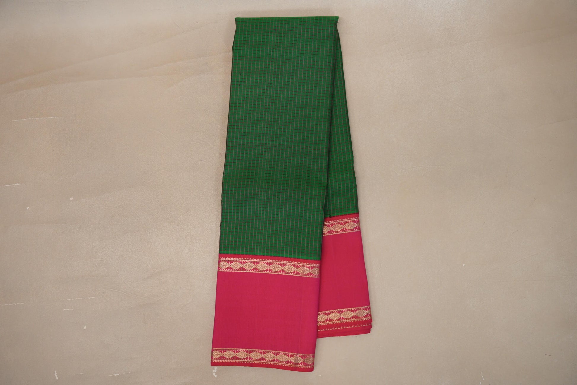 Online Dark Green with Orangish Pink Rettai Pettu Borders Vintage Kanjivaram Silk Saree