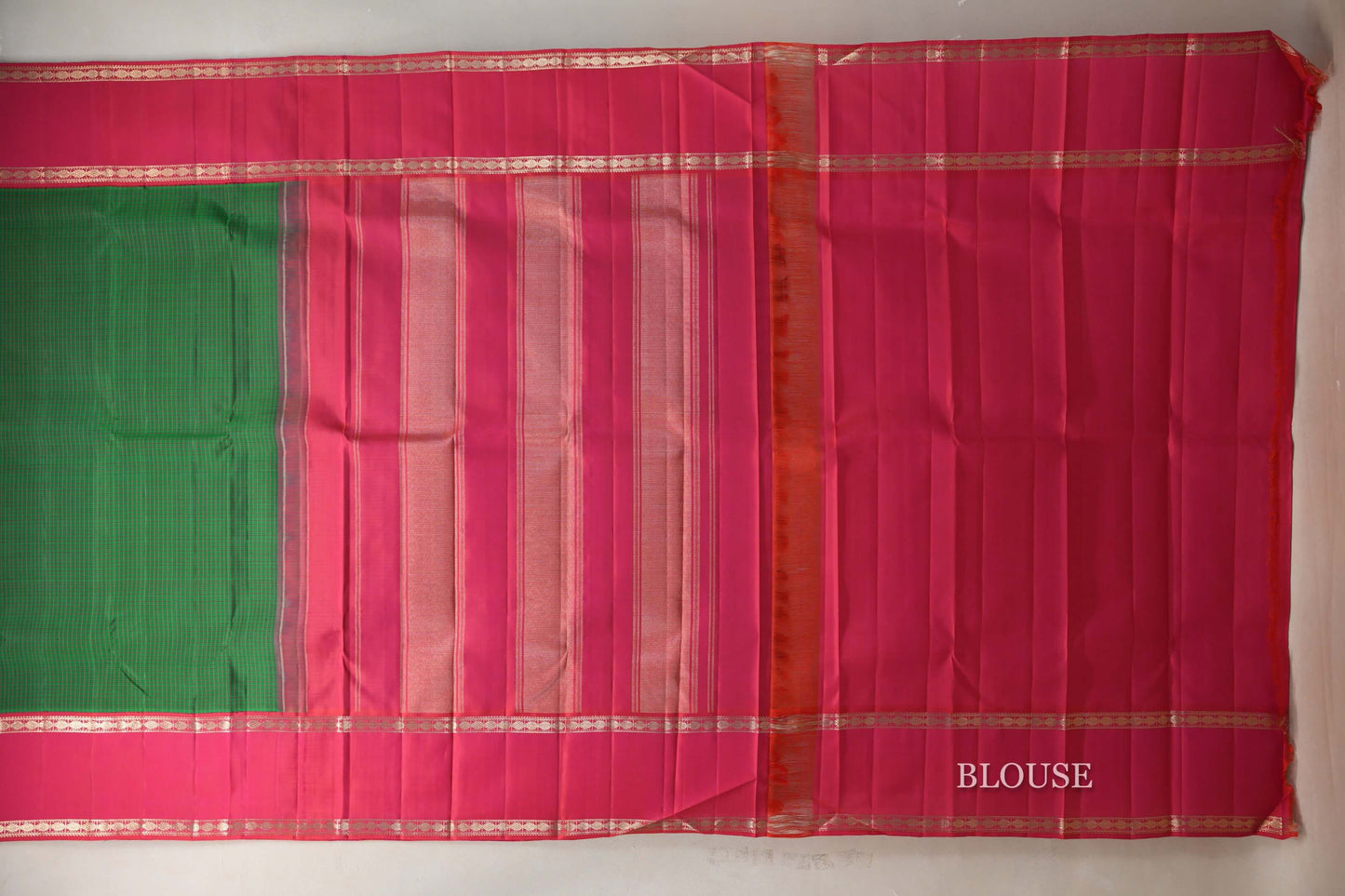 Dark Green with Orangish Pink Rettai Pettu Borders Vintage Kanjivaram Silk Saree blouse