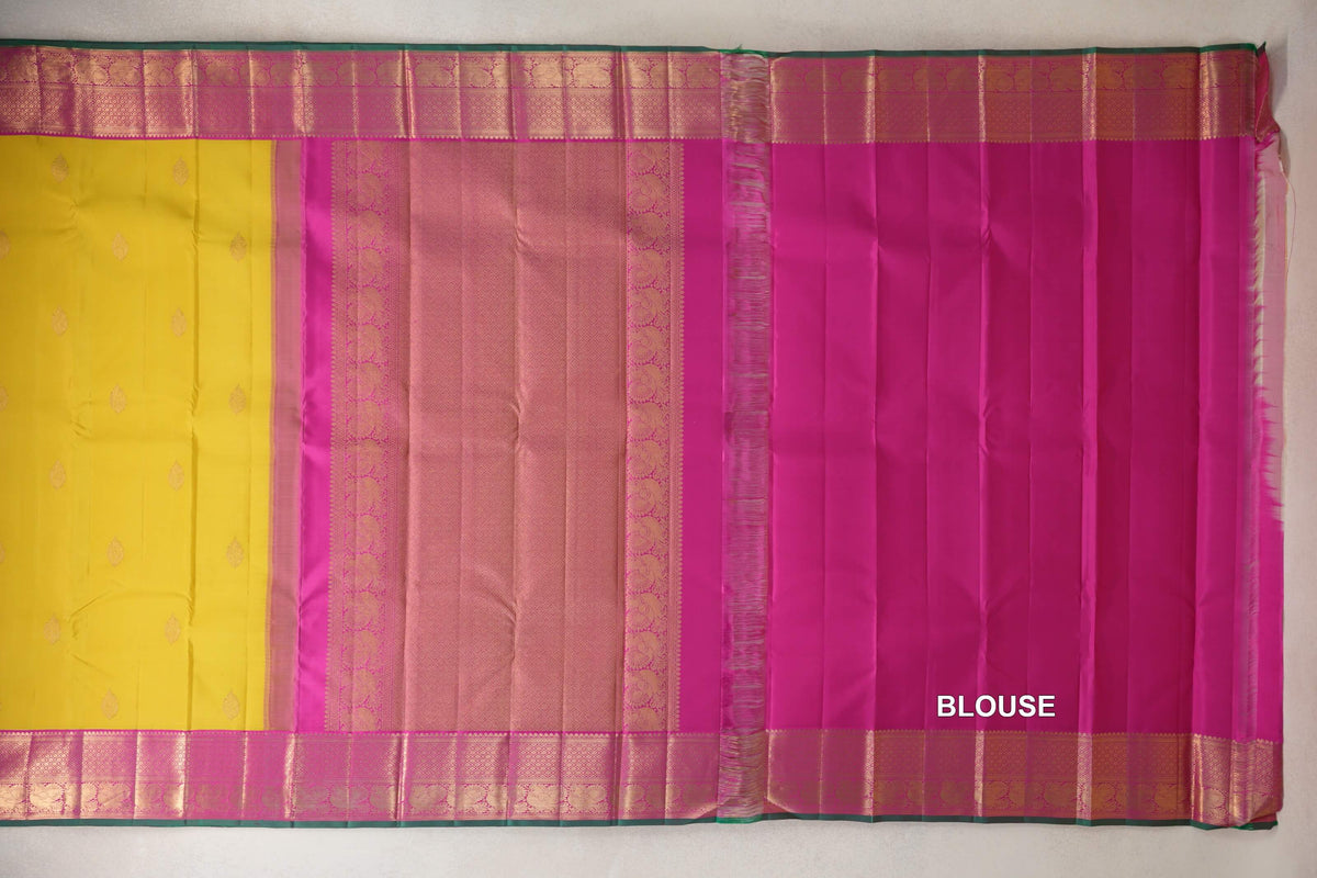 Lemon yellow with Bright Magenta Borders Vintage Kanjivaram Silk Saree blouse
