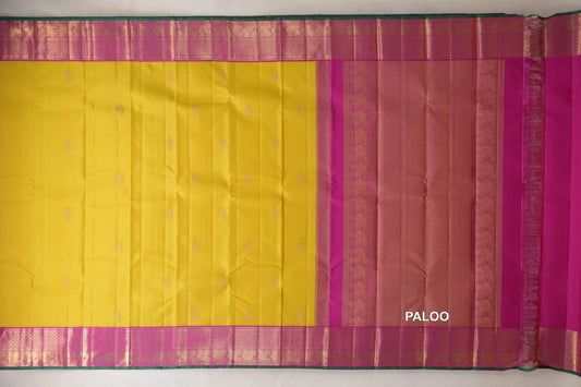 Lemon yellow with Bright Magenta Borders Vintage Kanjivaram Silk Saree paloo