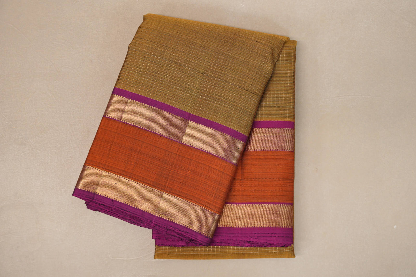 Golden Olive Green with Deep Magenta Rettai Pettu Borders Vintage Kanjivaram Silk Saree