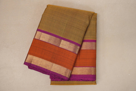 Golden Olive Green with Deep Magenta Rettai Pettu Borders Vintage Kanjivaram Silk Saree