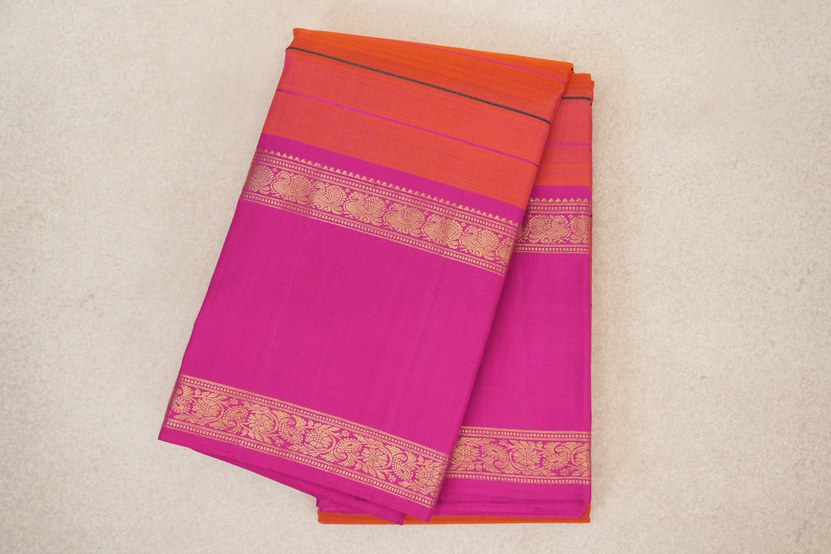 Dual Tone of Bright Orange and Pink with Bright Magenta Pink Rettai Pettu Borders Vintage Kanjivaram Silk Saree