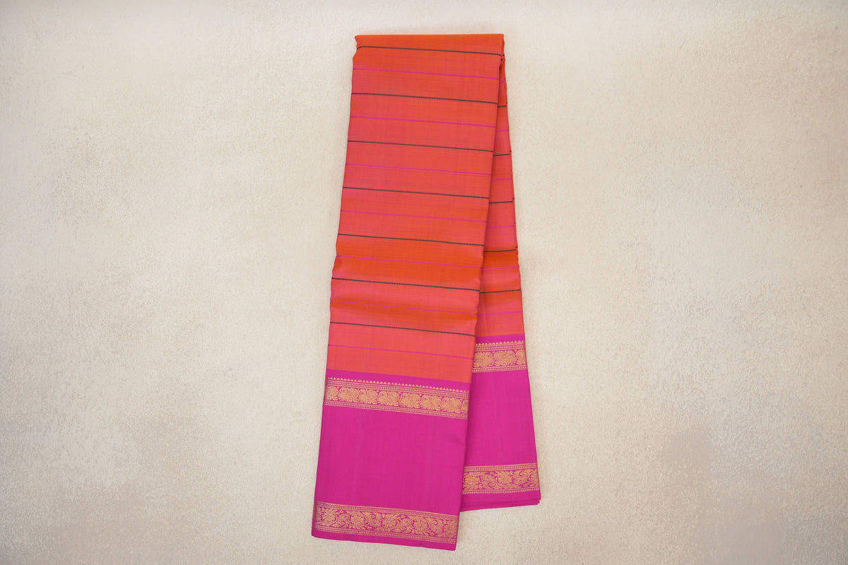 Online Dual Tone of Bright Orange and Pink with Bright Magenta Pink Rettai Pettu Borders Vintage Kanjivaram Silk Saree