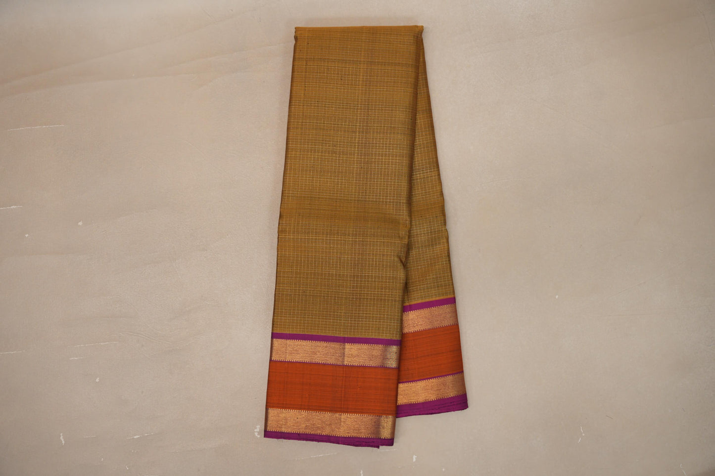 Online Golden Olive Green with Deep Magenta Rettai Pettu Borders Vintage Kanjivaram Silk Saree