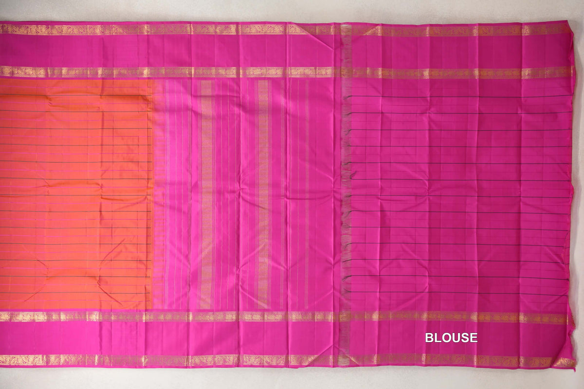 Dual Tone of Bright Orange and Pink with Bright Magenta Pink Rettai Pettu Borders Vintage Kanjivaram Silk Saree blouse