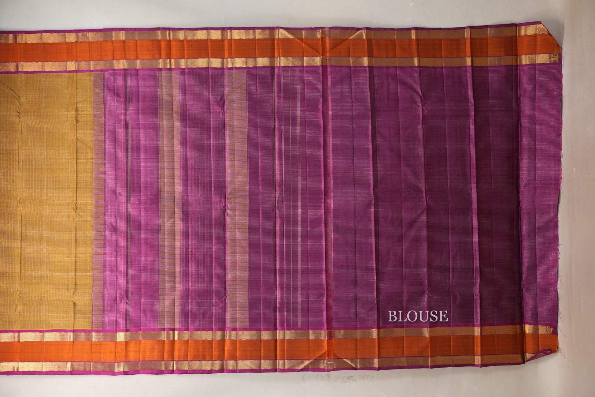 Golden Olive Green with Deep Magenta Rettai Pettu Borders Vintage Kanjivaram Silk Saree blouse