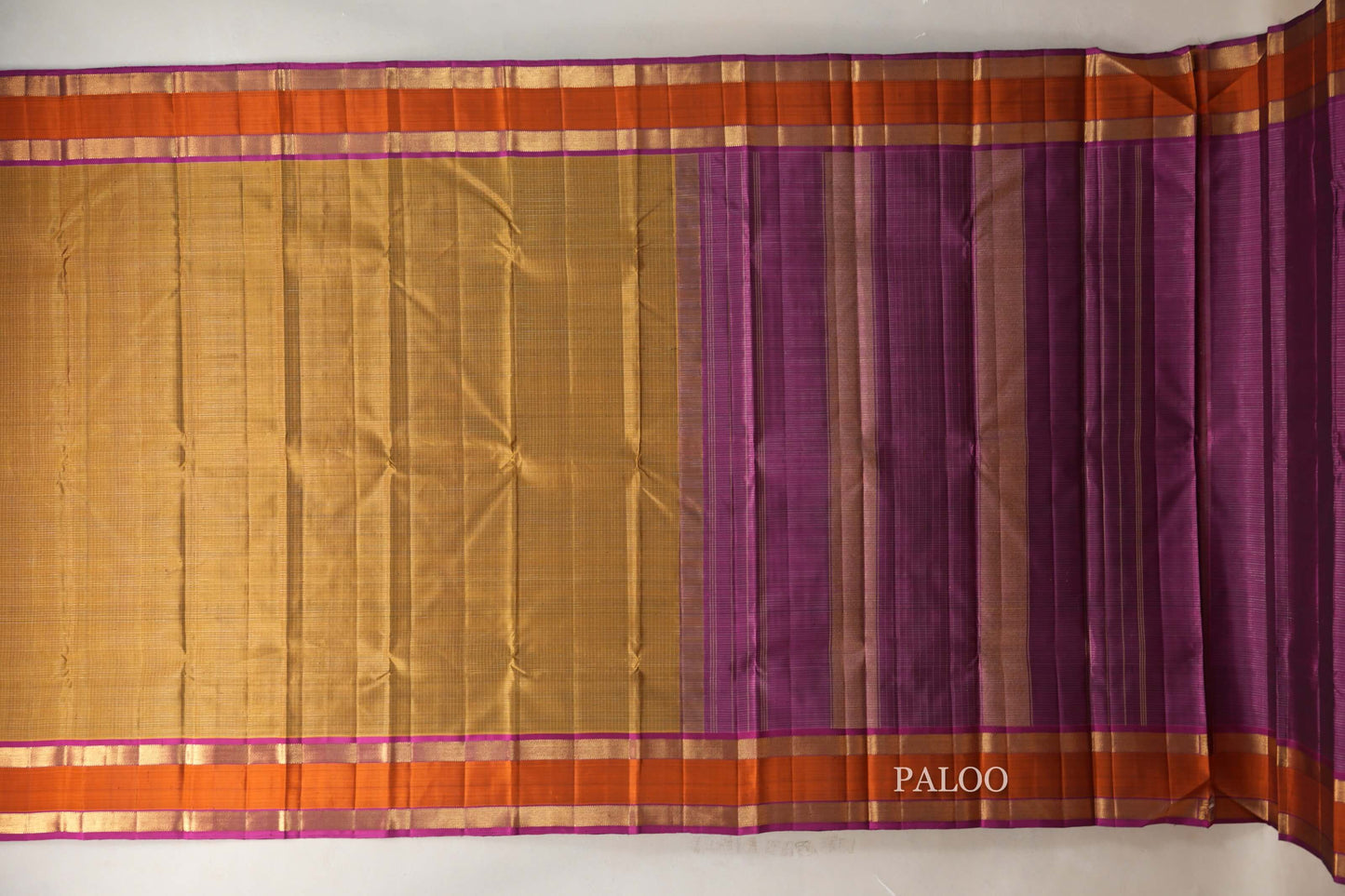 Golden Olive Green with Deep Magenta Rettai Pettu Borders Vintage Kanjivaram Silk Saree paloo