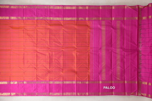 Dual Tone of Bright Orange and Pink with Bright Magenta Pink Rettai Pettu Borders Vintage Kanjivaram Silk Saree paloo