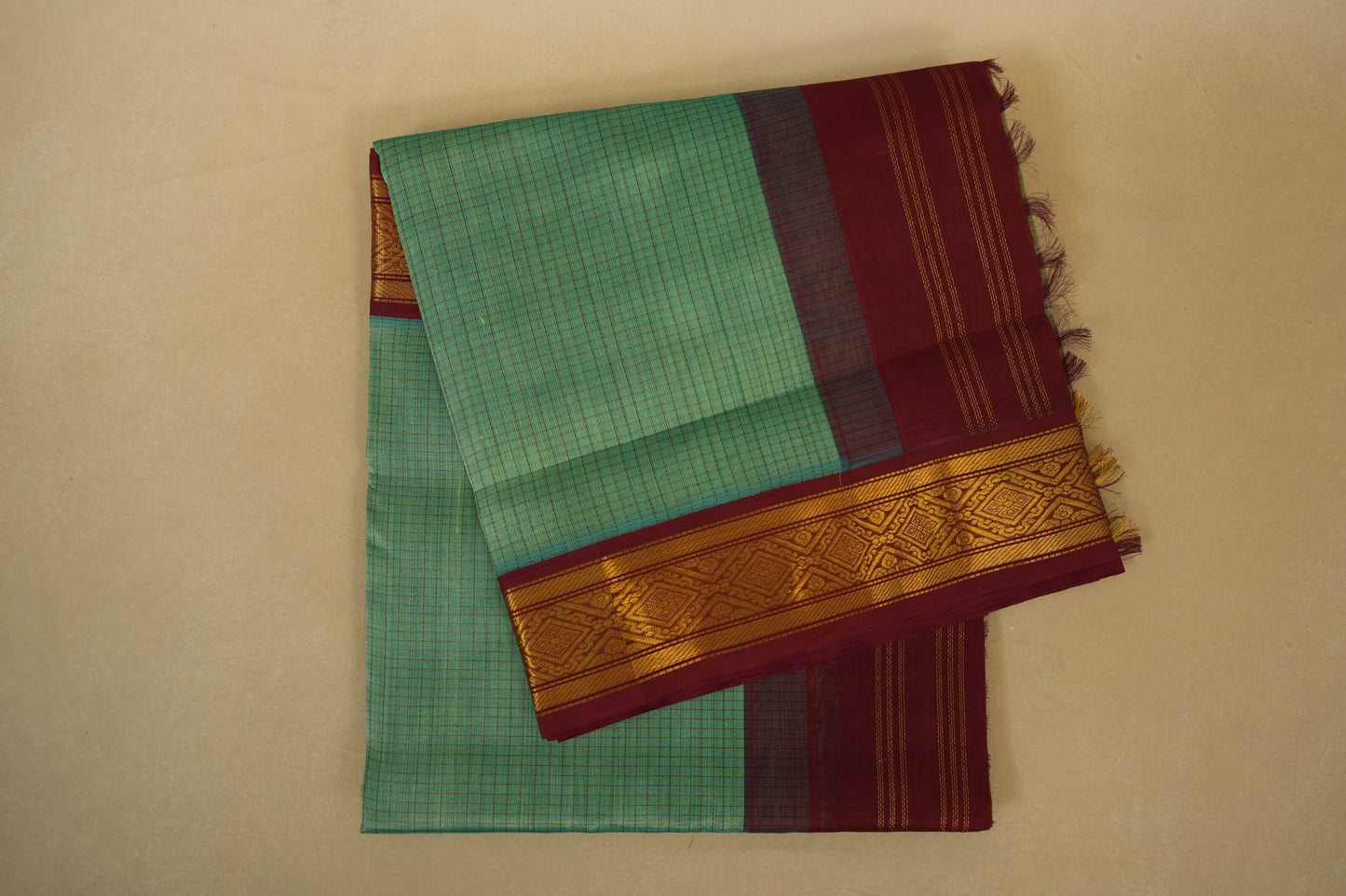 Folded Rexona Green with Maroon Borders Silk Cotton Saree