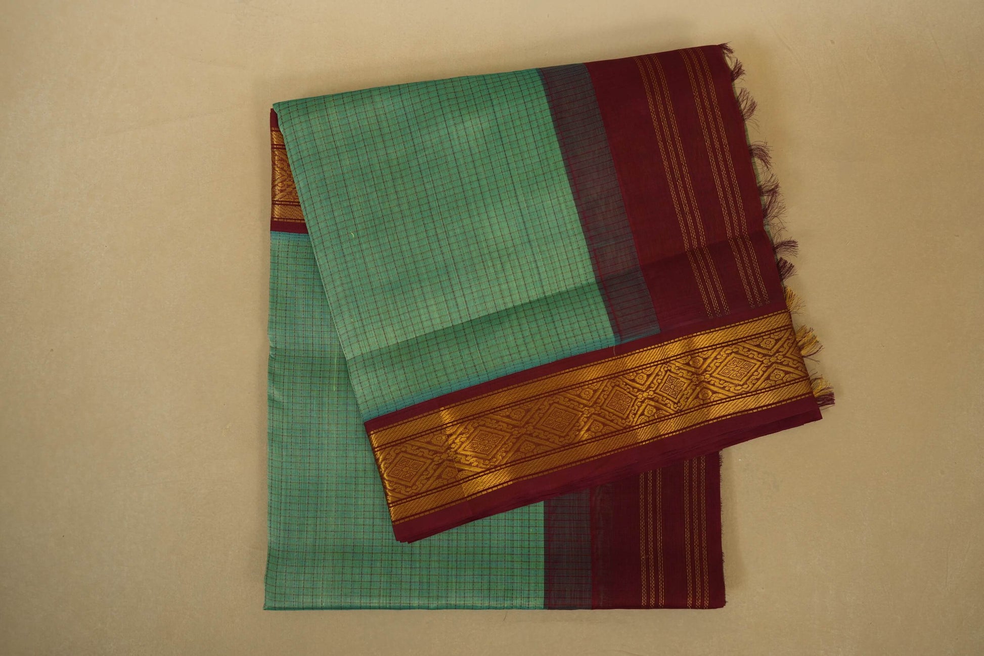 Folded Rexona Green with Maroon Borders Silk Cotton Saree