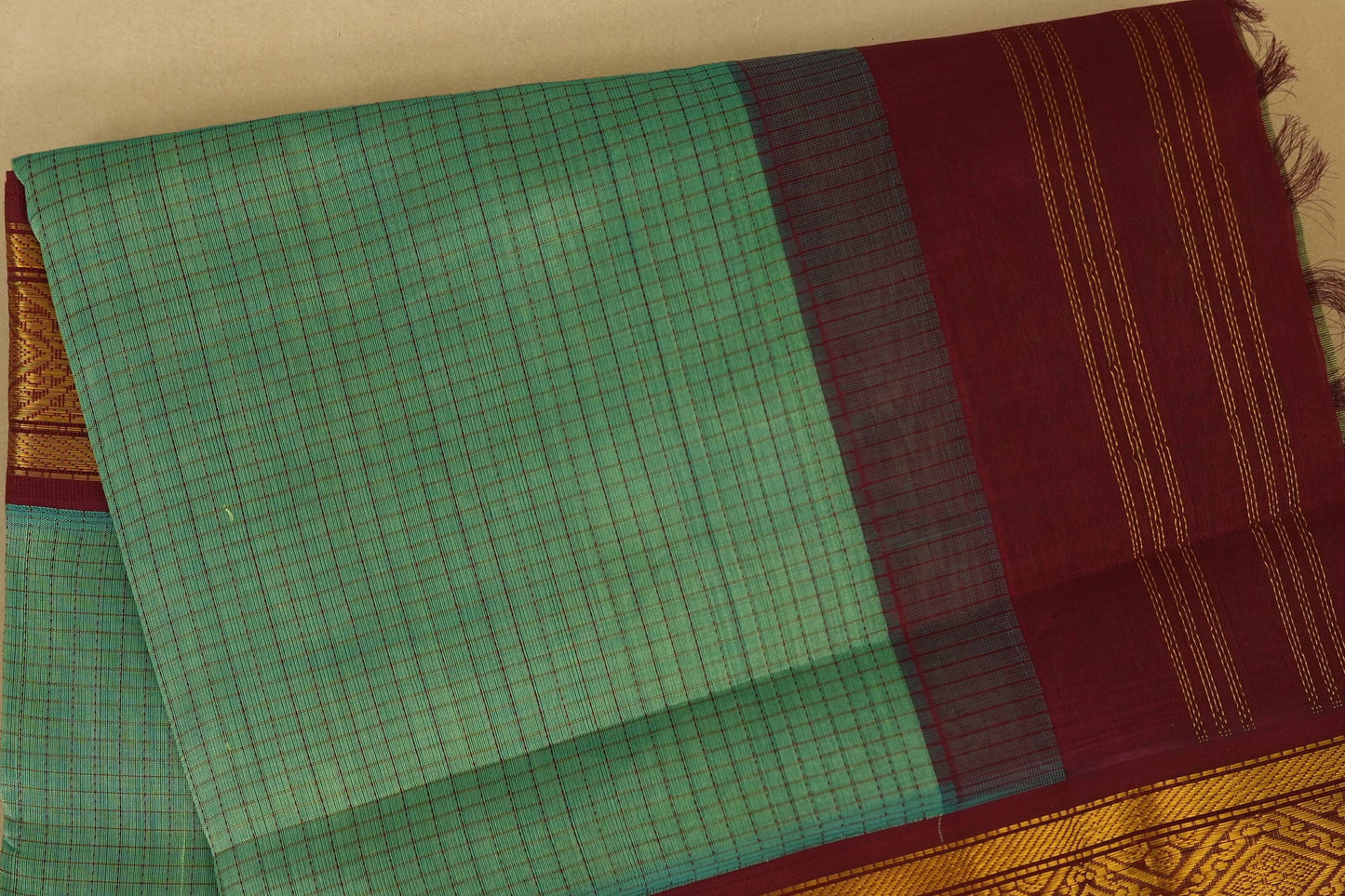 Rexona Green with Maroon Borders Silk Cotton Saree body zoom