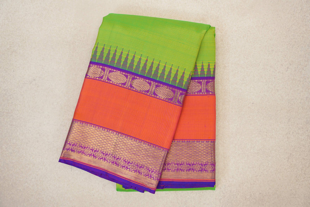 Bright Parrot Green with Dual Tone of Pink and Violet Purple with Orange Rettai Pettu Borders Vintage Kanjivaram Silk Saree