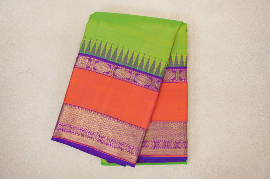 Bright Parrot Green with Dual Tone of Pink and Violet Purple with Orange Rettai Pettu Borders Vintage Kanjivaram Silk Saree