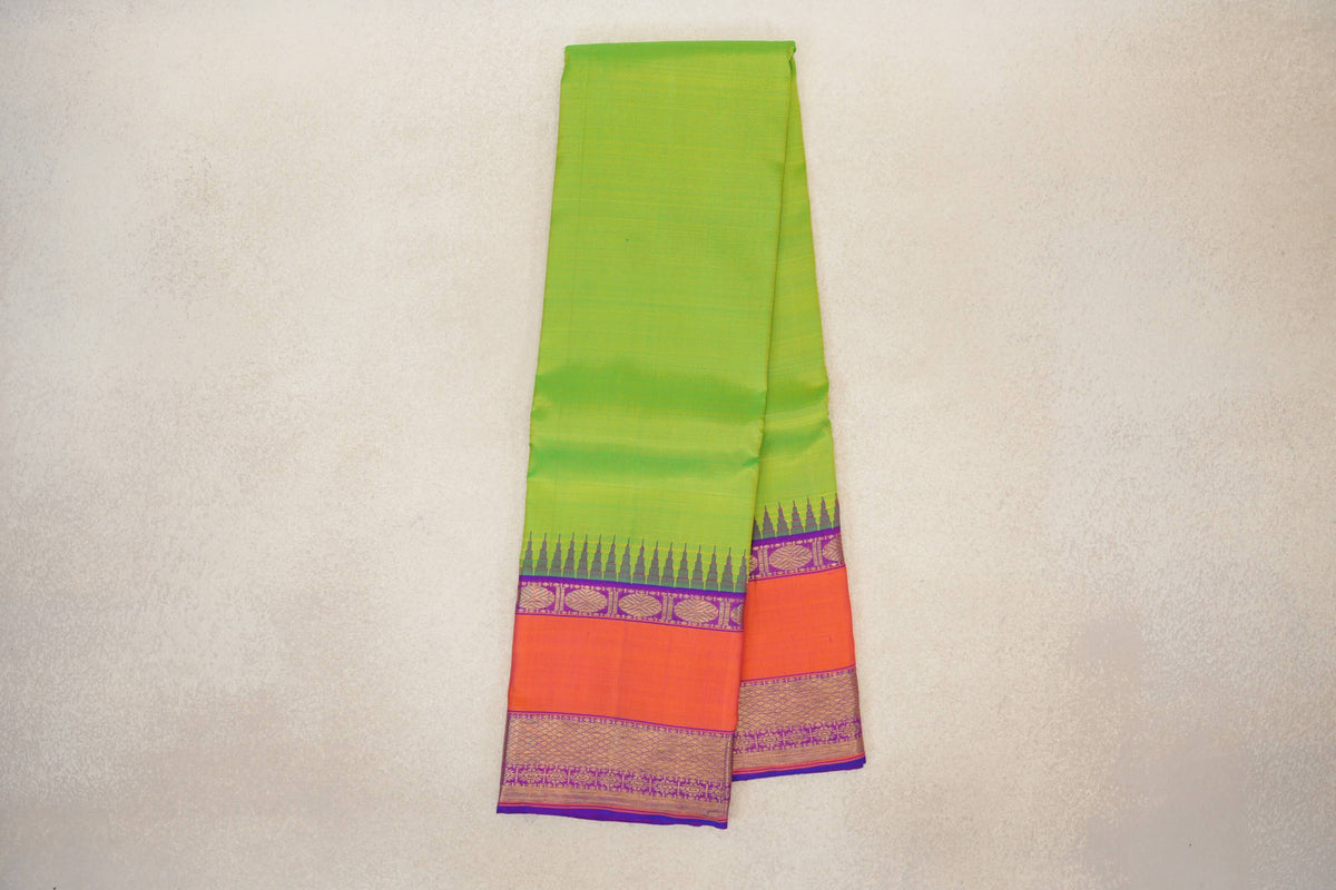 Online Bright Parrot Green with Dual Tone of Pink and Violet Purple with Orange Rettai Pettu Borders Vintage Kanjivaram Silk Saree