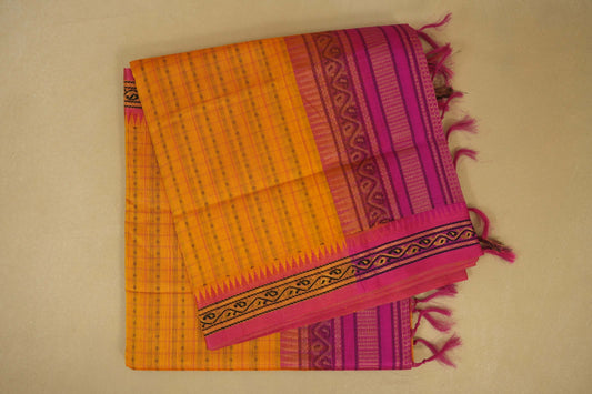 Folded Mustard with Pink Borders Silk Cotton Saree 