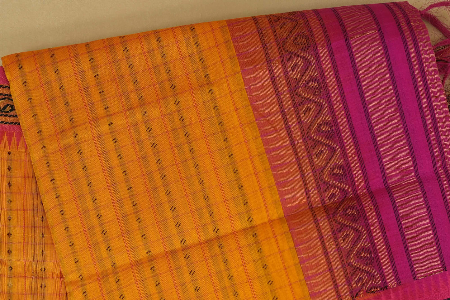 Mustard with Pink Borders Silk Cotton Saree  body zoom