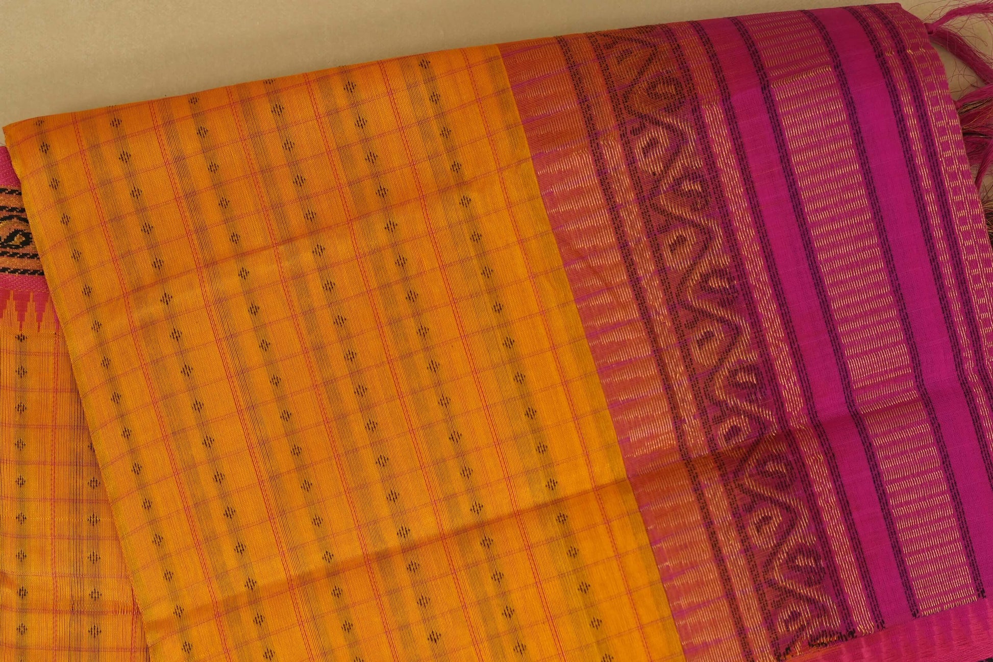 Mustard with Pink Borders Silk Cotton Saree  body zoom