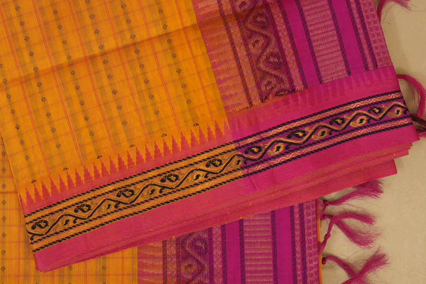 Mustard with Pink Borders Silk Cotton Saree  border zoom