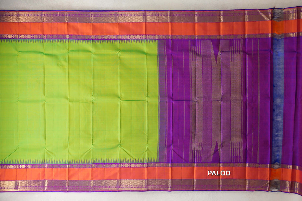 Bright Parrot Green with Dual Tone of Pink and Violet Purple with Orange Rettai Pettu Borders Vintage Kanjivaram Silk Saree paloo