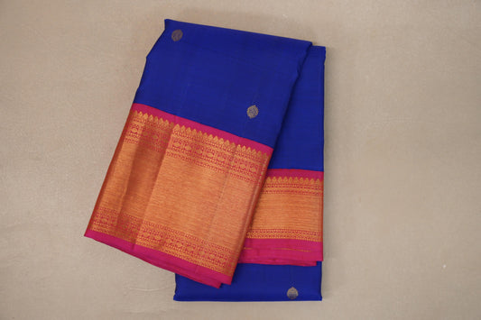 Royal Blue with Orangish Pink Borders Vintage Kanjivaram Silk Saree