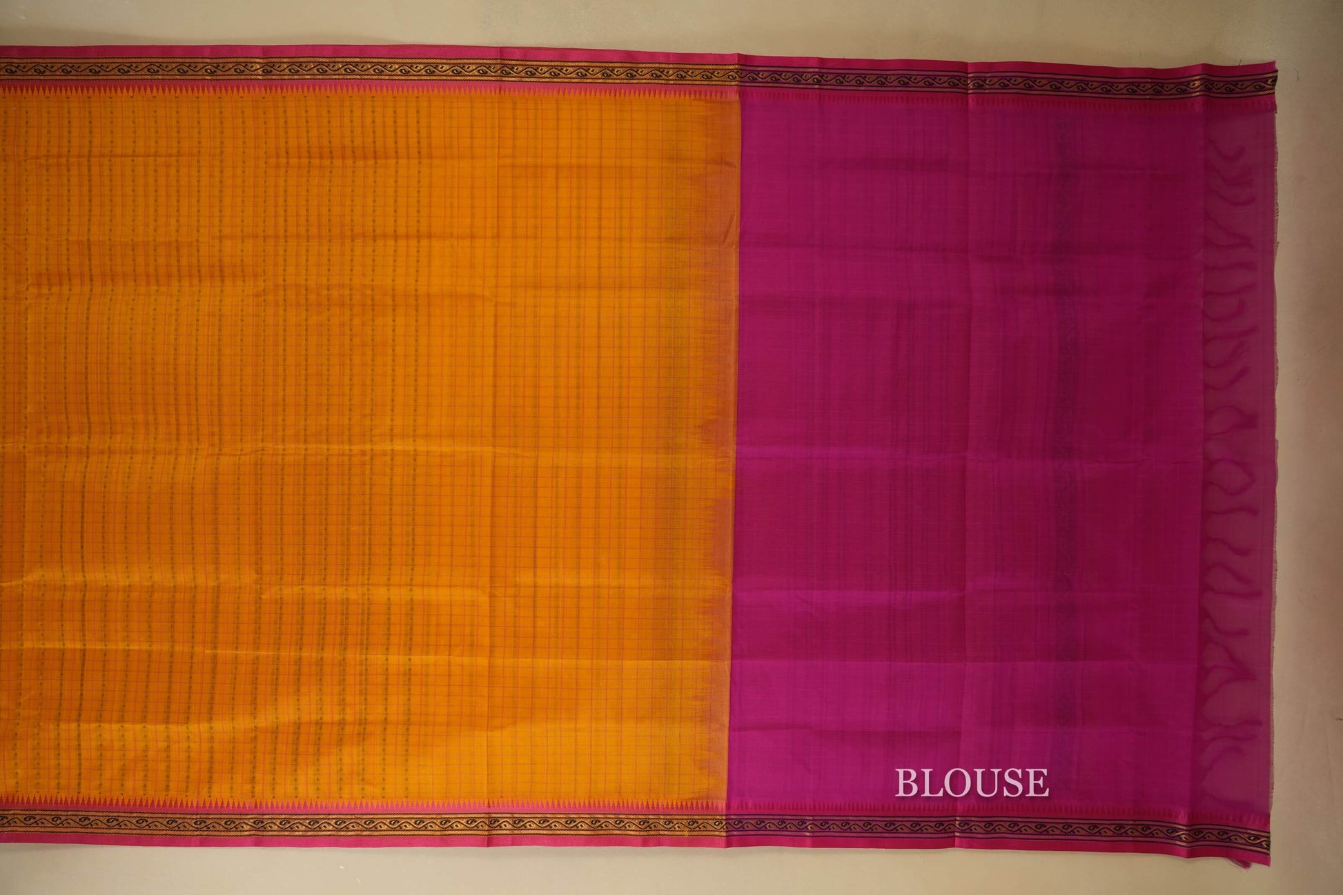 Mustard with Pink Borders Silk Cotton Saree  Blouse