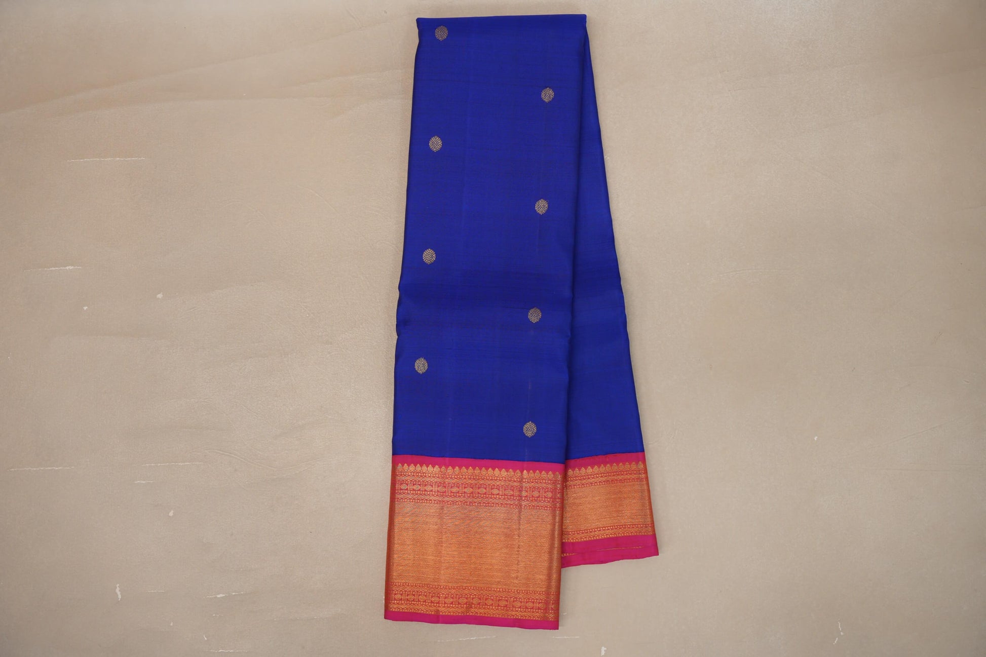Online Royal Blue with Orangish Pink Borders Vintage Kanjivaram Silk Saree