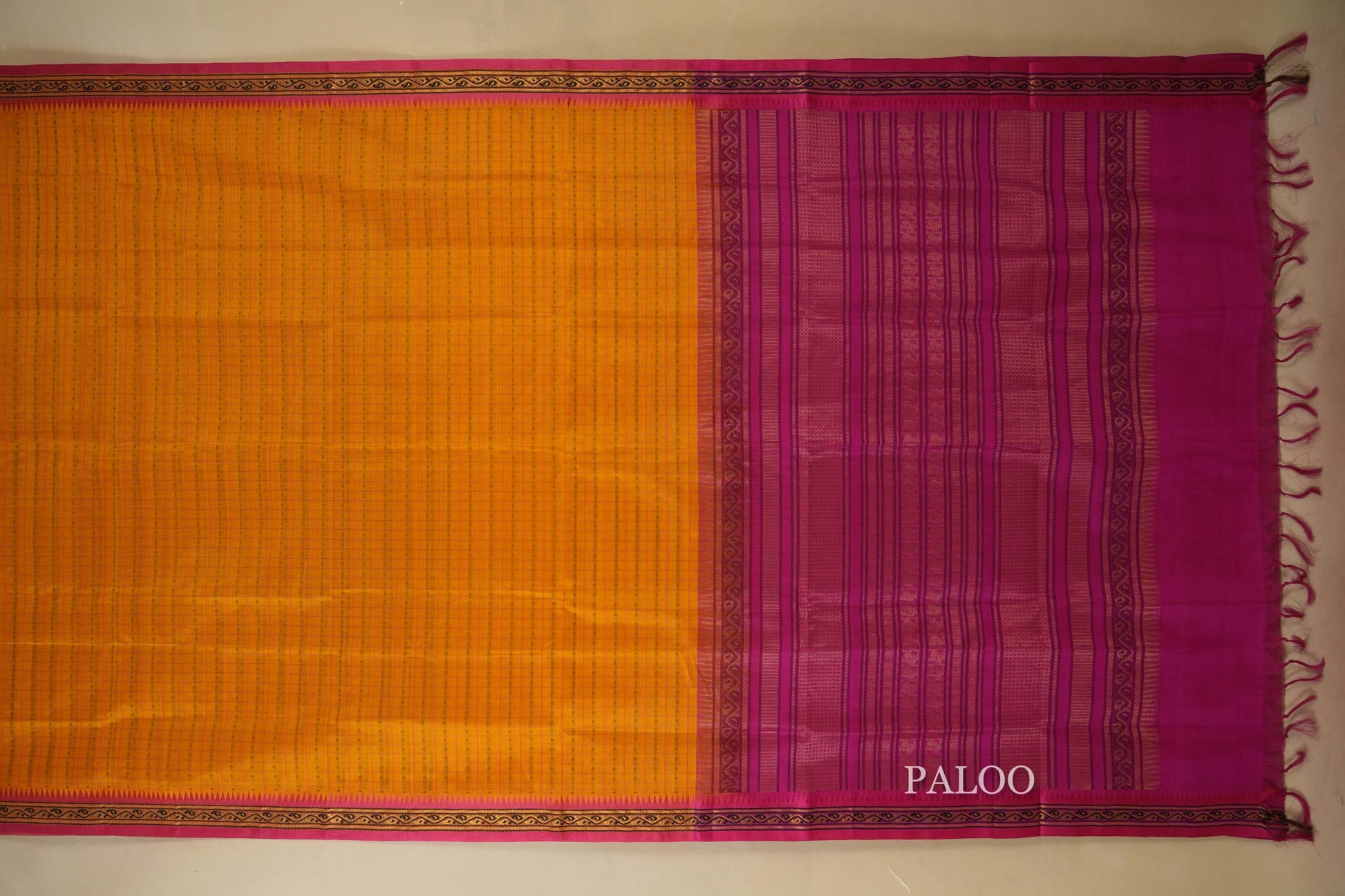 Mustard with Pink Borders Silk Cotton Saree Paloo