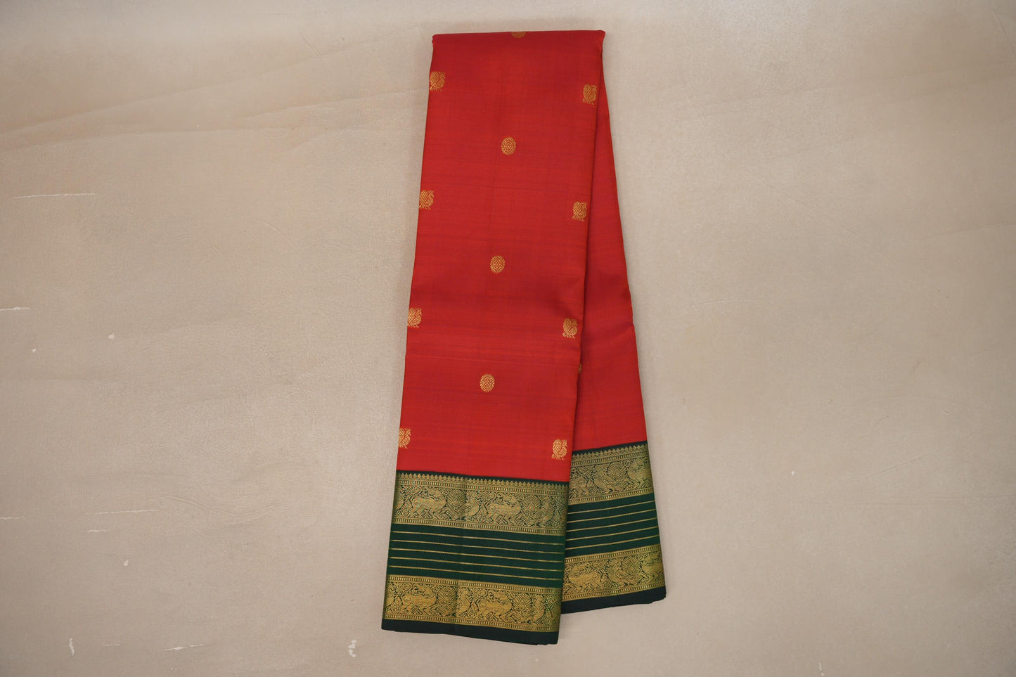 Online Bright Red with Dark Bottle Green Rettai Pettu Borders Vintage Kanjivaram Silk Saree
