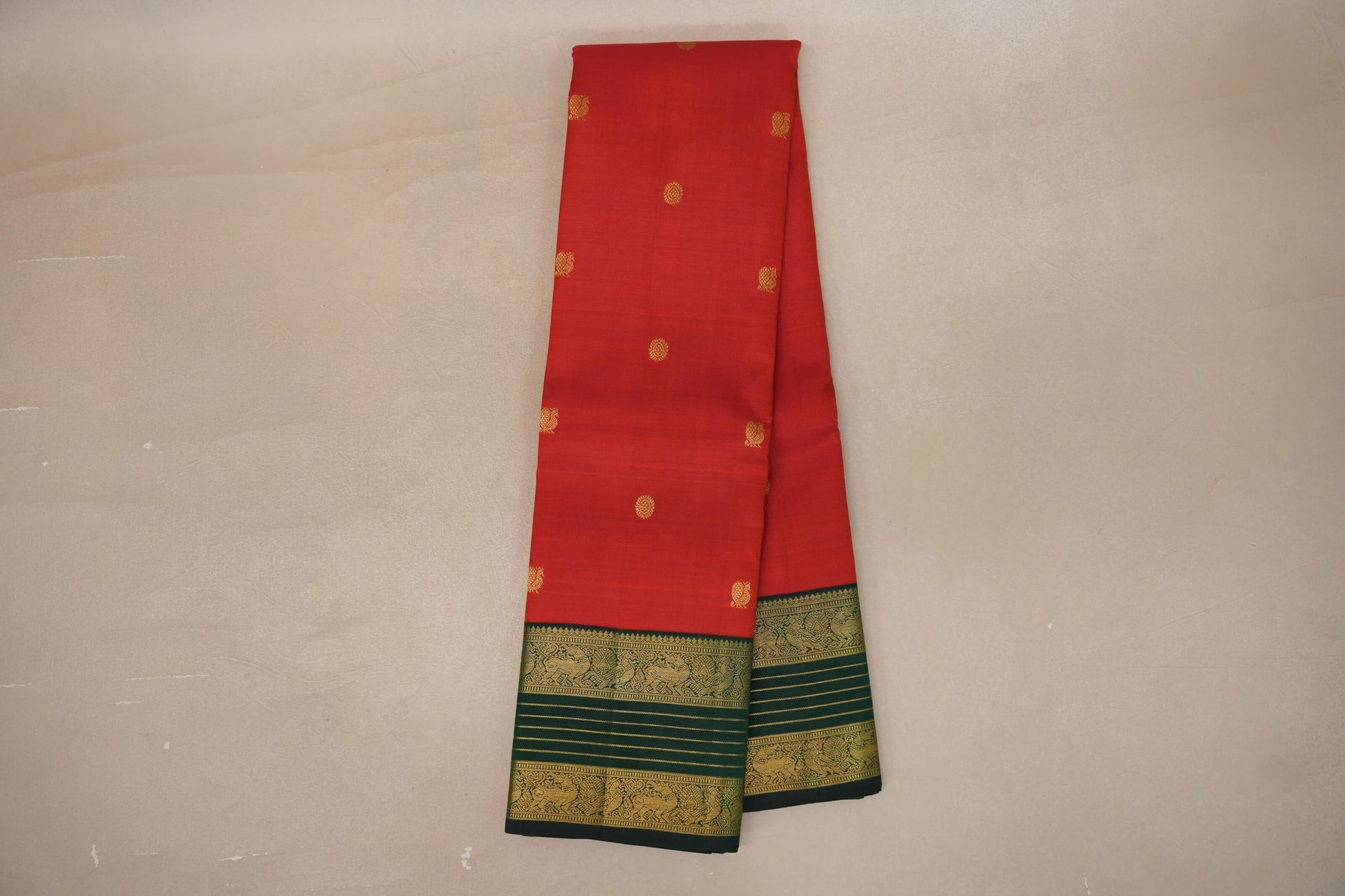 Online Bright Red with Dark Bottle Green Rettai Pettu Borders Vintage Kanjivaram Silk Saree