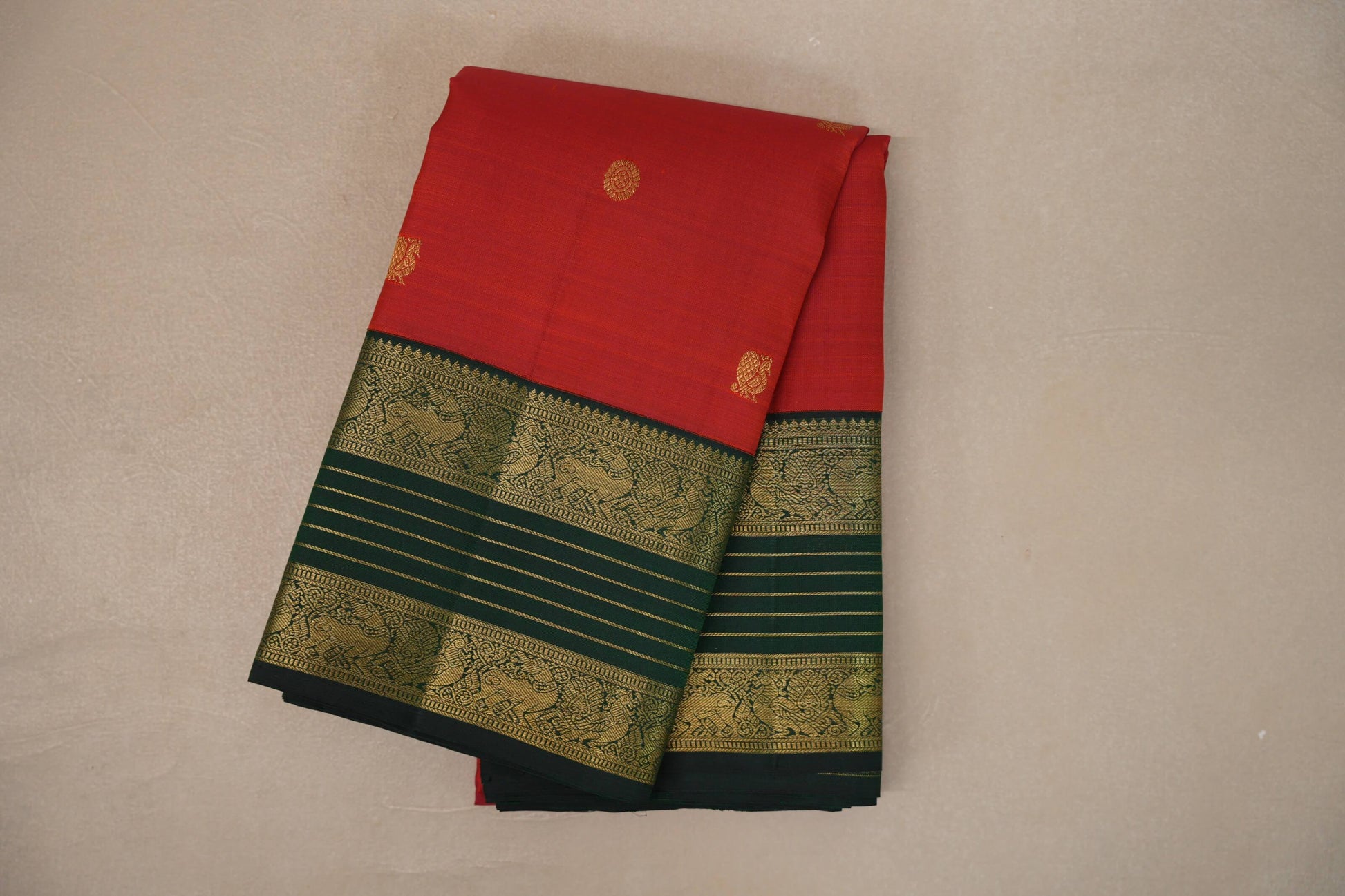 Bright Red with Dark Bottle Green Rettai Pettu Borders Vintage Kanjivaram Silk Saree