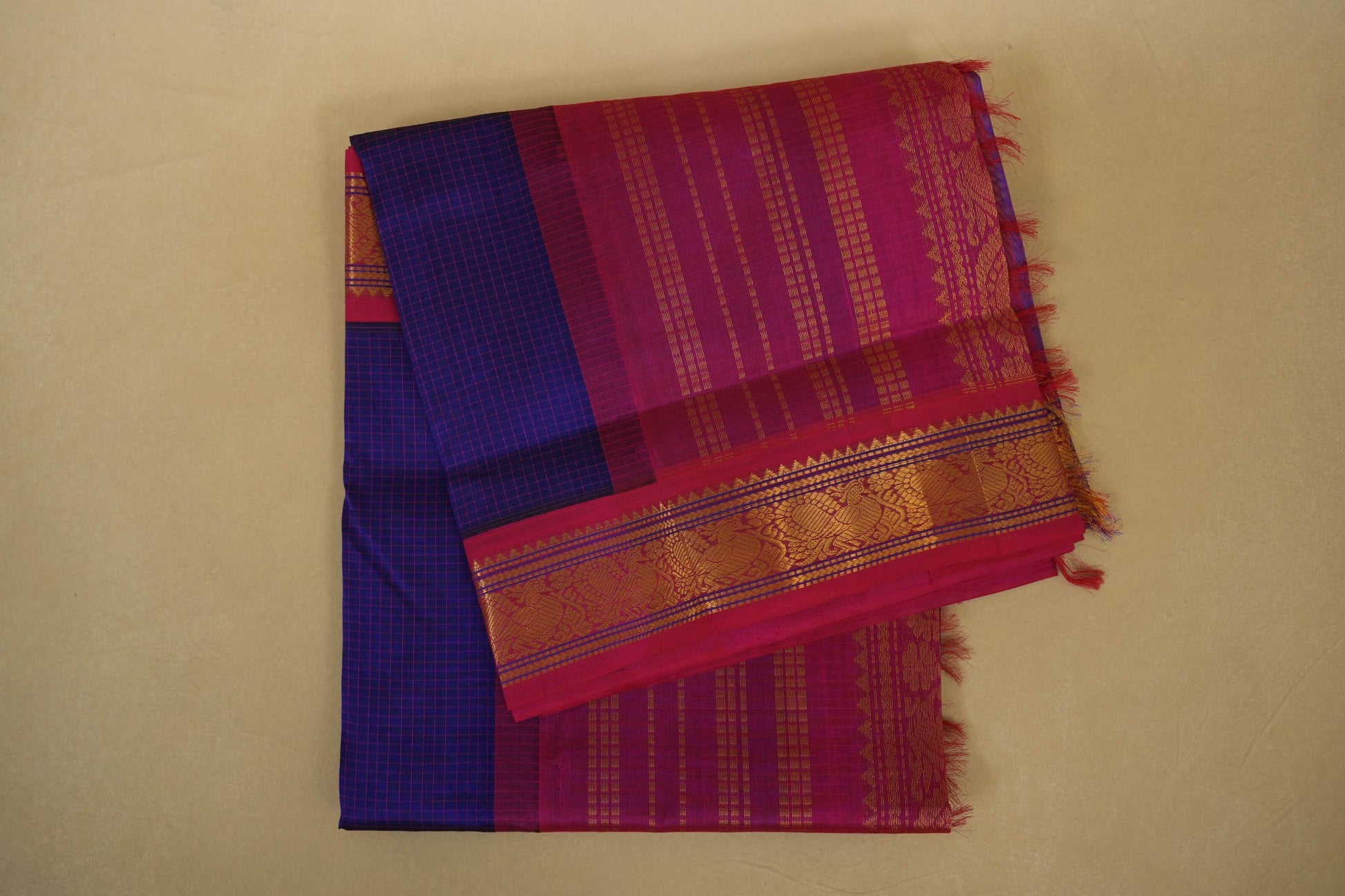 Folded Blue with Pink Borders Silk Cotton Saree 