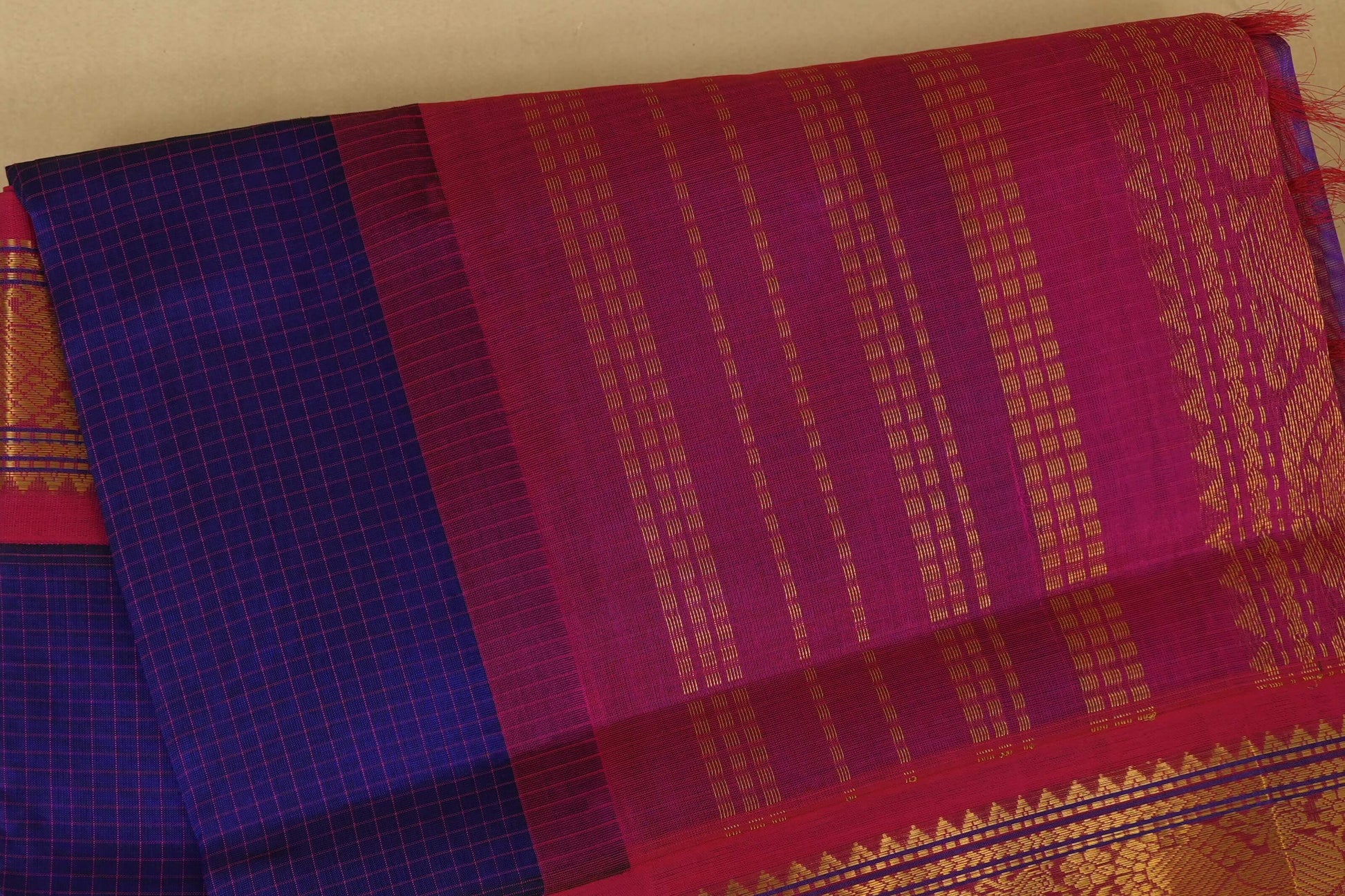 Blue with Pink Borders Silk Cotton Saree body zoom