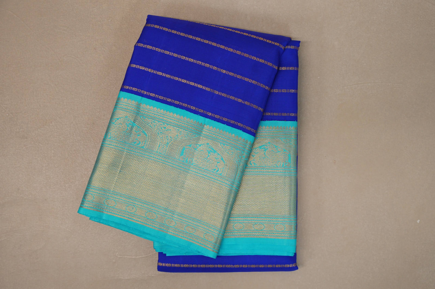 Medium Blue with Aqua Blue Borders Vintage Kanjivaram Silk Saree