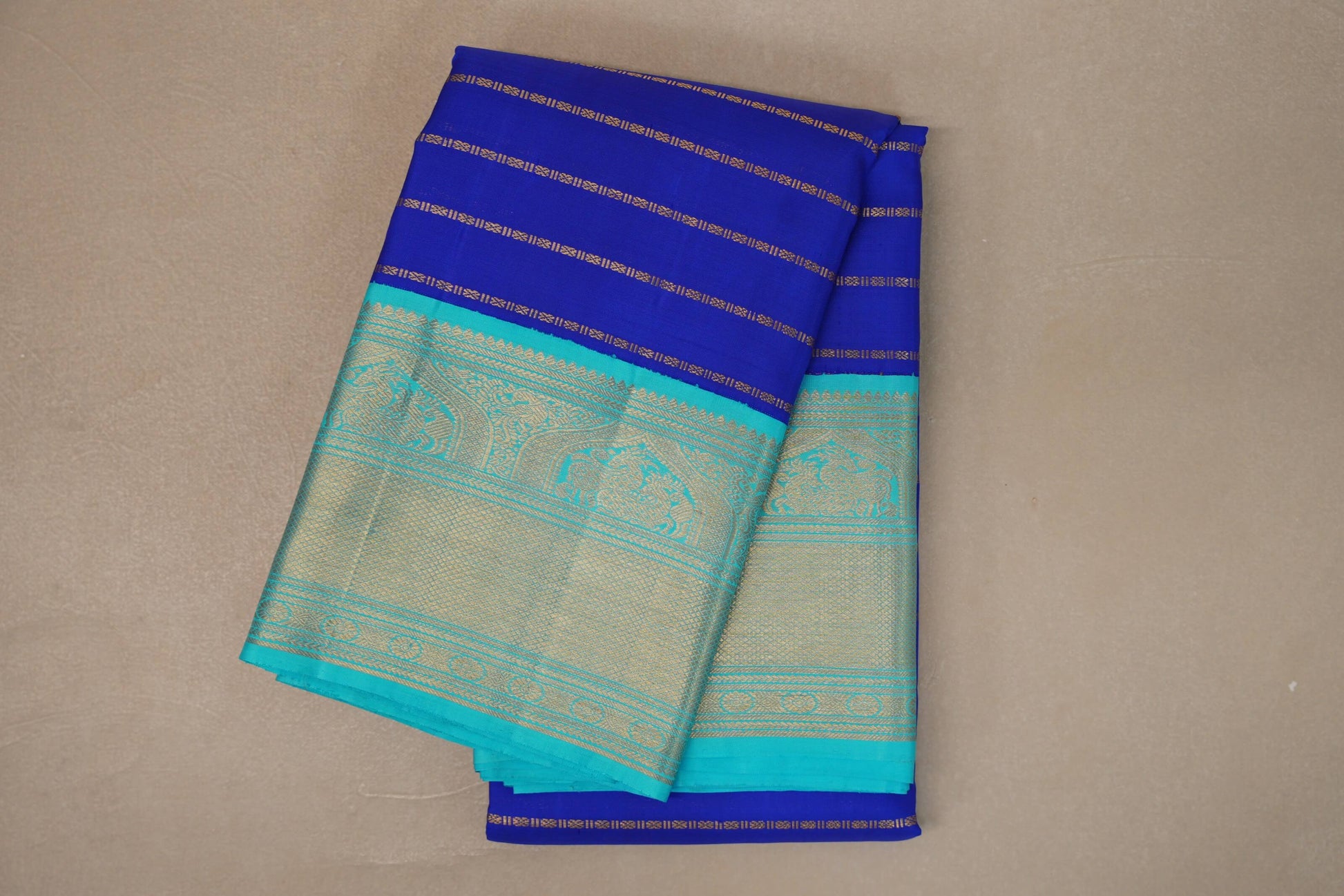 Medium Blue with Aqua Blue Borders Vintage Kanjivaram Silk Saree