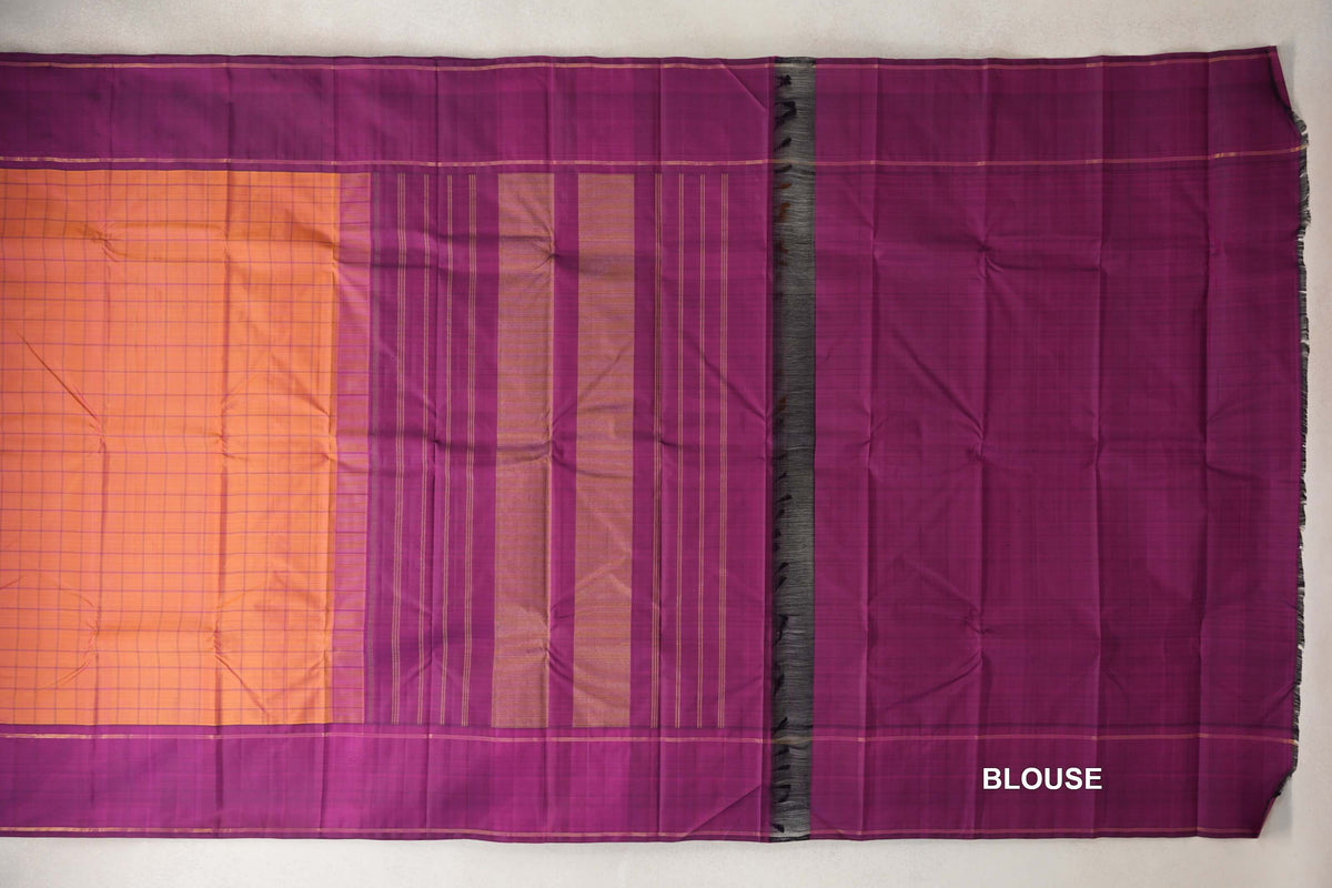 Dual Tone of Mustard Yellow and Pink with Deep Magenta Purple Borders Vintage Kanjivaram Silk Saree blouse
